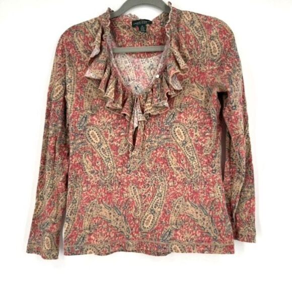 Lauren Ralph Lauren Women's Paisley Top Pink Ruffle Neck Medium Feminine - Picture 2 of 9